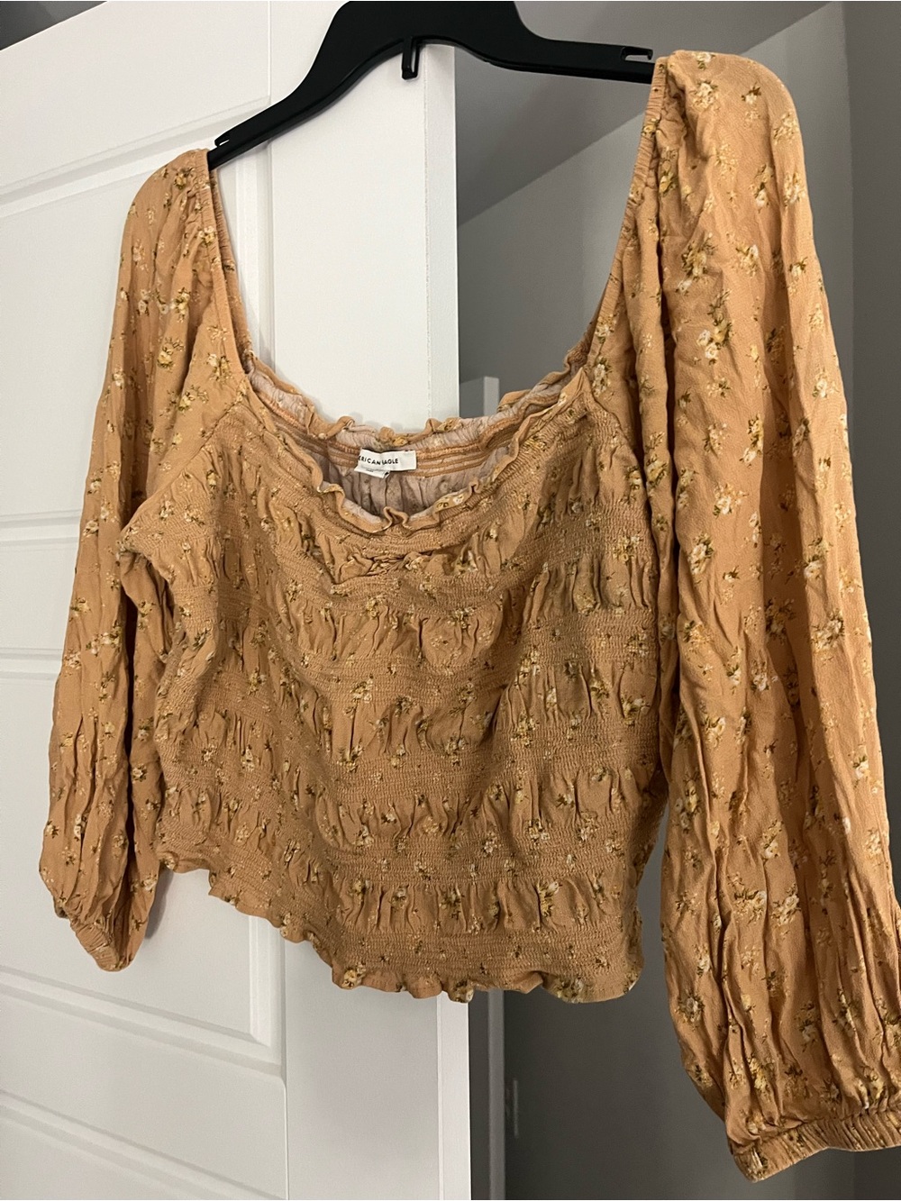 American Eagle Outfitters Mustard Floral Smocked Peasant Top